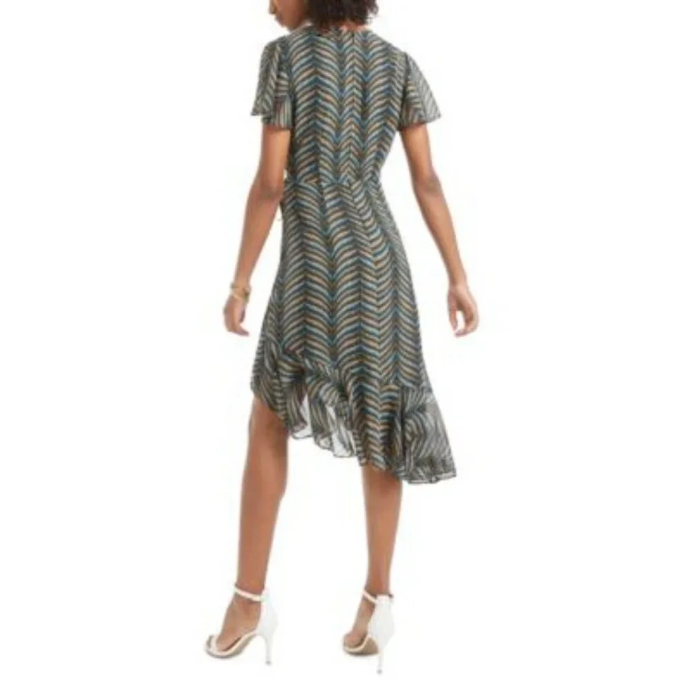 NWT City Studio Size 15 Multicolor Chevron Wrap Dress Ruffle Hem V-Neck - Picture 11 of 16